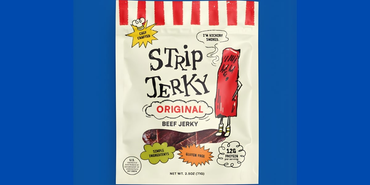 Strip Jerky packet featuring chef-crafted, gluten-free beef jerky with fun, playful design highlighting simple ingredients and hickory smoke.