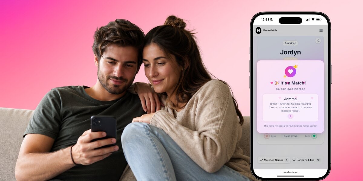 Couple comparing baby names on a smartphone beside the NameHatch matching app interface.