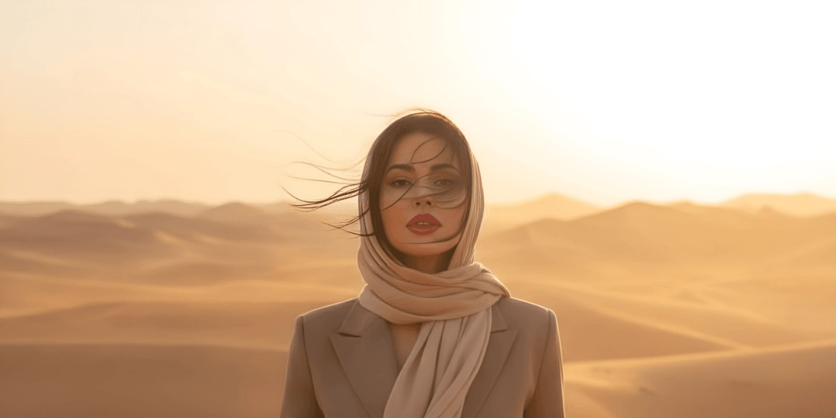 A woman in a beige suit and scarf stands in the Moroccan desert, embodying elegance and natural beauty with confidence.