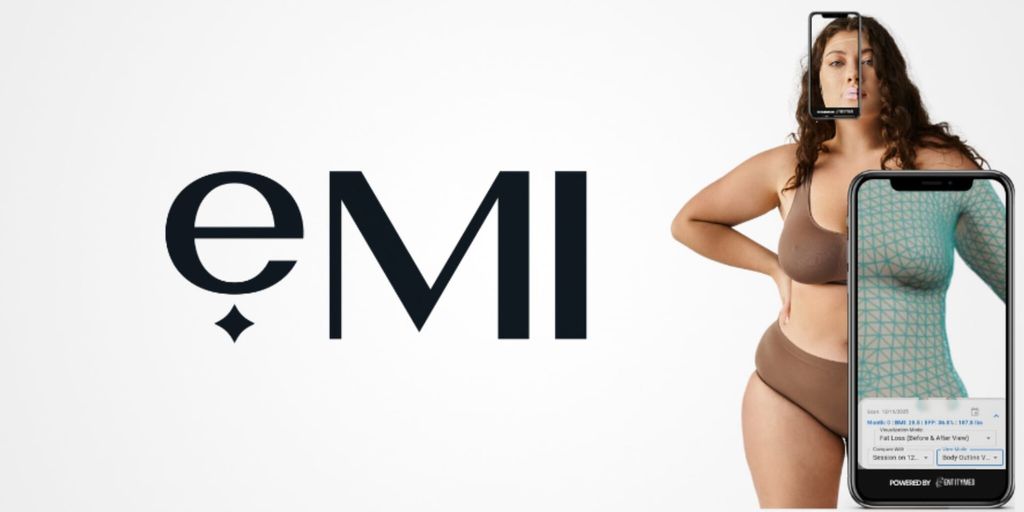 eMI logo beside a body visualization displayed on a smartphone.