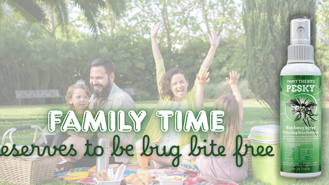 A family enjoying a picnic outdoors, protected by PESKY® Bug Away Spray, ensuring a bug-free, memorable time together.
