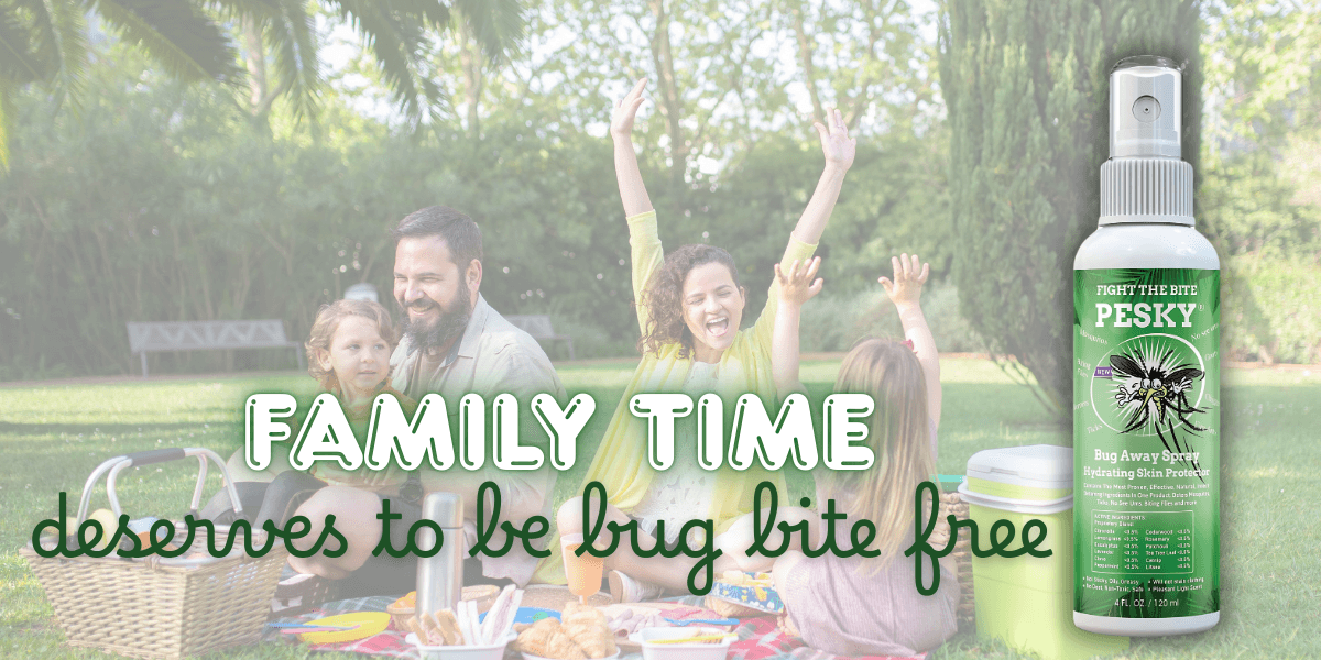 A family enjoying a picnic outdoors, protected by PESKY® Bug Away Spray, ensuring a bug-free, memorable time together.