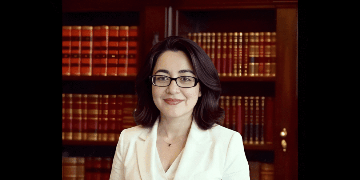 "Shadan Kapri, a human rights attorney and bestselling author, stands in front of bookshelves, embodying advocacy for social justice."
