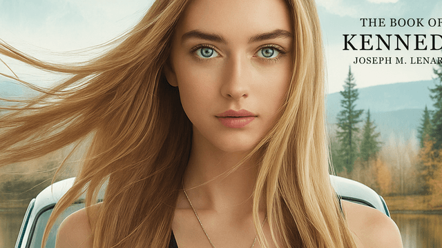 A young woman with long blonde hair stands near a classic car, with a mountainous landscape in the background.